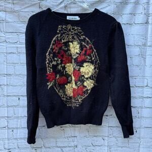 Vintage Sweater JH Collection 100% Wool Knit Fall Small Floral Black 1980s